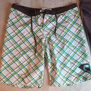 Women's Plaid Swim Trunks - White/Green/Blue